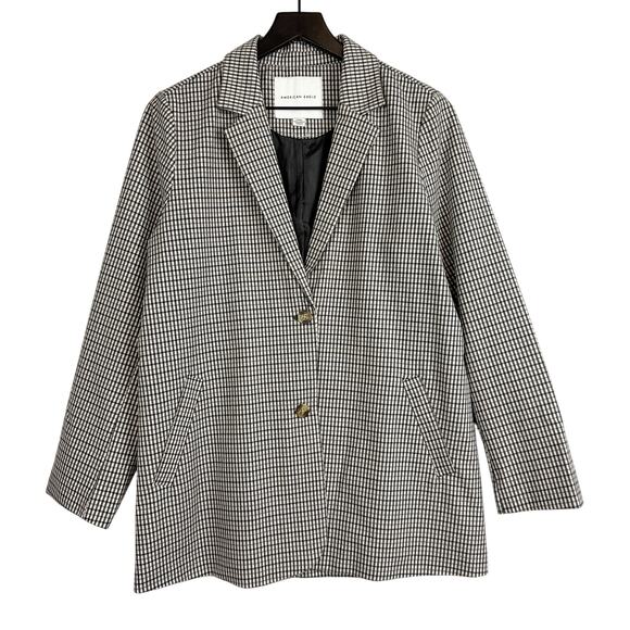 American Eagle Womens Classic Oversized Plaid Blazer Jacket Beige Black - M - Picture 1 of 9